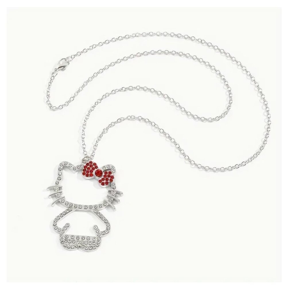 Hello Kitty Pendant Necklace With Red Bow & Crystal Accents Silver Tone